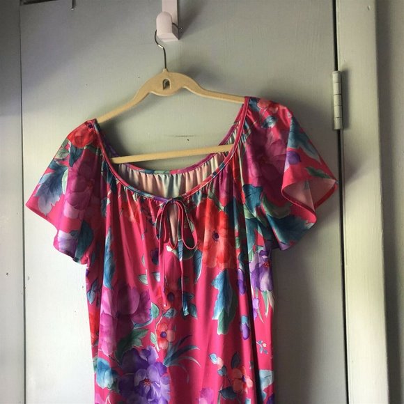 Vintage Chemise Tropical Gown  Day Dress Loungewear Pink Floral Flowy - Picture 2 of 7